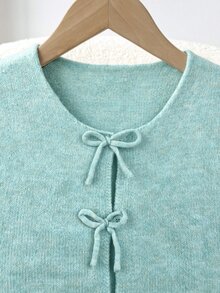 SHEIN 兒童青少年女孩寬鬆休閒極簡舒適圓領長袖繫帶蝴蝶結波點開襟衫 秋冬返校季 - 薄荷綠 - 查看 4