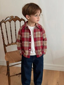 Dazy Kids Young Boy Plaid Long Sleeve Single-Breasted Casual Shirt Fall - Red - View 5