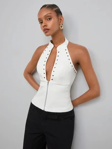 Maija Women's Sexy Zipper Halter Neck Sleeveless Top,Going Out Outfis,Fall Clothes - White - View 4