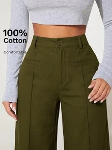 SHEIN PETITE 高腰寬腿夏季長褲 100%純棉 - 軍綠色 - 查看 6