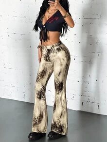 Jeanoix Celana Jeans Flare Pinggang Sangat Rendah Motif Hewan untuk Wanita, Warna Beige, Gaya Musim Panas Terinspirasi Era 90-an dan 2000-an - MultiWarna - View 5