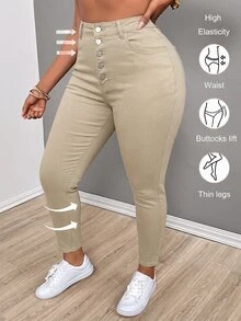 SHEIN ICON 大尺碼性感修身彈性黑色鈕扣前開牛仔褲 - 卡其色 - 查看 1