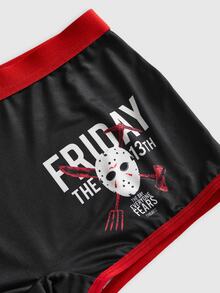 Friday the 13th X ROMWE Friday The 13th Horror Movie Print Women's 3-Piece Lingerie Set, Wireless Camisole Bra, Thong And Hipster Panties - Black - View 5