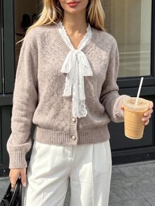 SHEIN PariChic Autumn/Winter Fashion Floral Lace Trim Round Neck Cardigan Long Sleeve Sweater - Khaki - View 4