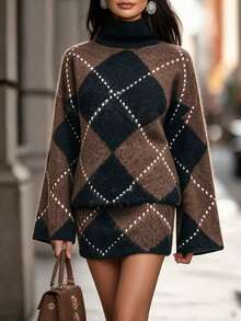 SHEIN PariChic Women Argyle Turtleneck Knit Two Pieces Outfit, Long Sleeve Plaid Sweater + Mini Skirt Matching Set, - Apricot - View 3