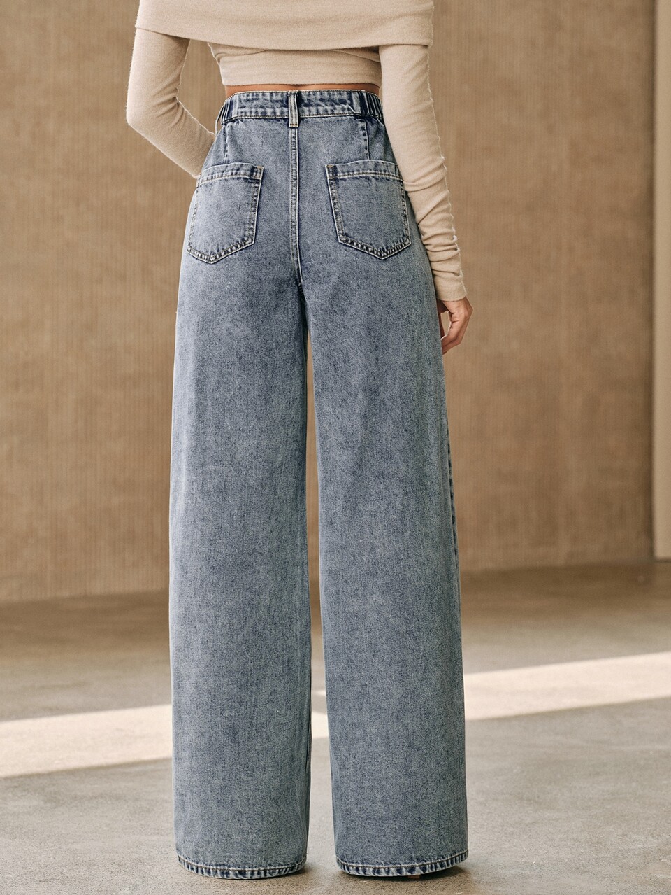 Spring/Summer Niche Korean Style Washed Twisted Pocket High Waist Wide Leg Light Blue Women's Jeans