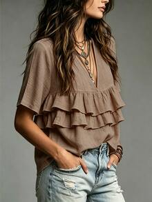SHEIN Fiorisel Women's Solid Color Deep V-Neck Pleated Casual Versatile Everyday Blouse - Khaki - View 4