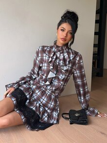 SHEIN New Vintage Preppy Commuter Plaid Ruffle Collar Long Sleeve Blouse & Lace Patchwork Ruffle Hem Mini Skirt 2-Piece Set For Women - Multicolor - View 6