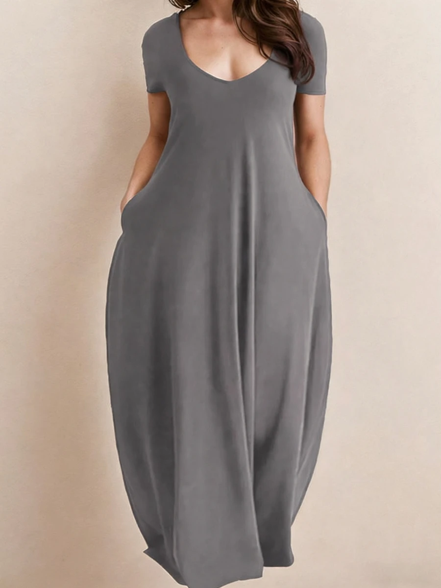 INAWLY Plus Size Summer Casual Solid Color Dress - Grey - View 1