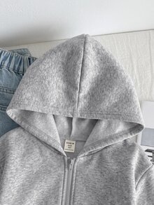 SHEIN 青少年女孩寬鬆休閒基礎簡約舒適街頭風連帽修身前短款長袖冬季外套 白色秋季 - 灰色 - 查看 6