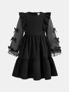 SHEIN Kids Young Girl Casual Daily Fashion Petal Sleeve Black Round Neck Patchwork A-Line Dress - Black - View 5