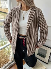 Livesso 女款白色動物印花羊毛混紡保暖內裡夾克 商務休閒 90年代復古經典優雅辦公西裝外套 秋冬款 - 棕色 - 查看 5