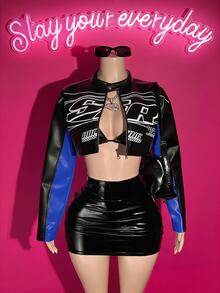 Slaydiva Women's Motorcycle Letter Print Zipper Cropped Jacket - Multicolor - View 1