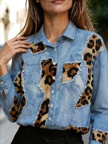Franclia Women's Leopard Print Patchwork Denim Effect Print Shirt - Multicolor - View 3