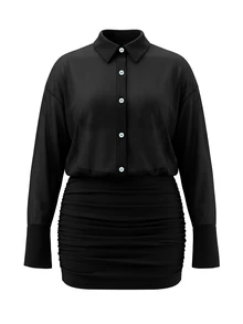 Cévolie Plus Size Black Long Sleeve Shirt Dress With Pleated Waist, Slim Fit, Bodycon Short Dress For Women - Black - View 4