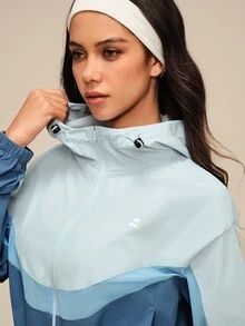 OutZeal Women Sports Jacket Gym Workout Water-Resistant Mesh Panel Ruffled Hem Hooded Jacket - Blue - View 9