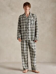 EverLounge Classic Plaid Print Lapel Open Front Men's 2 Pieces Pajama Set - Multicolor - View 4