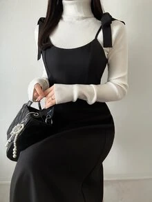 FRIFUL Gaun Tank Panjang Berlapis dengan Tali Ikat di Belakang untuk Wanita di Musim Gugur - Hitam - View 7