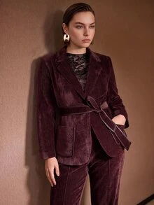 MOTF PREMIUM PLUS SIZE WOMEN'S AUTUMN/WINTER FAUX LEATHER TRIM DECORATED PATCH POCKET SUEDE BLAZER - Burgundy - View 2