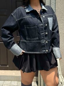 Rivivi Plus Size Women Non-Stretch Denim Long Sleeve Jacket, Contrast Color Textured Premium Fit Denim Jacket, Cowboy Outfits For Women - Dark Wash - View 4