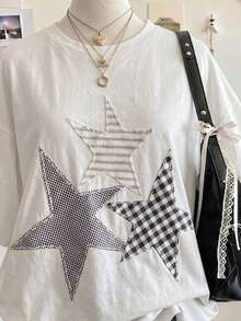 Lalippa Five-Point Star Digital Print Patchwork Embroidery Fashion Minimalist Women's Super Loose Mid-Length Round Neck Drop Shoulder T-Shirt, Friend's Gift - White - View 3