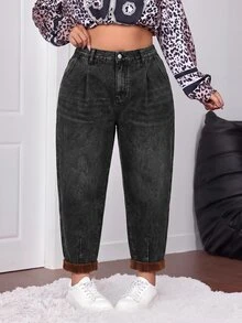 Firerie Plus-Size Women's Dark Grey Washed Straight-Leg Jeans Featuring A High-Waisted, Loose Fit, Cuffed Hems, And A Warm Fleece Lining. - Black - View 5