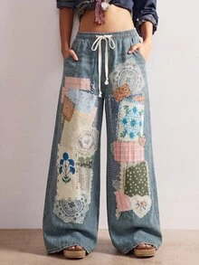 Bohemela Plus Size Women's High Waist Baggy Wide Leg Lace Patchwork Denim Jeans With Drawstring Waist - Medium Wash - View 6