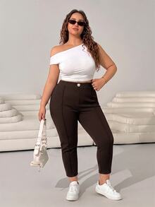 Solflare Chocolate Brown Plus Size Fitted Button Capris - Chocolate Brown - View 5