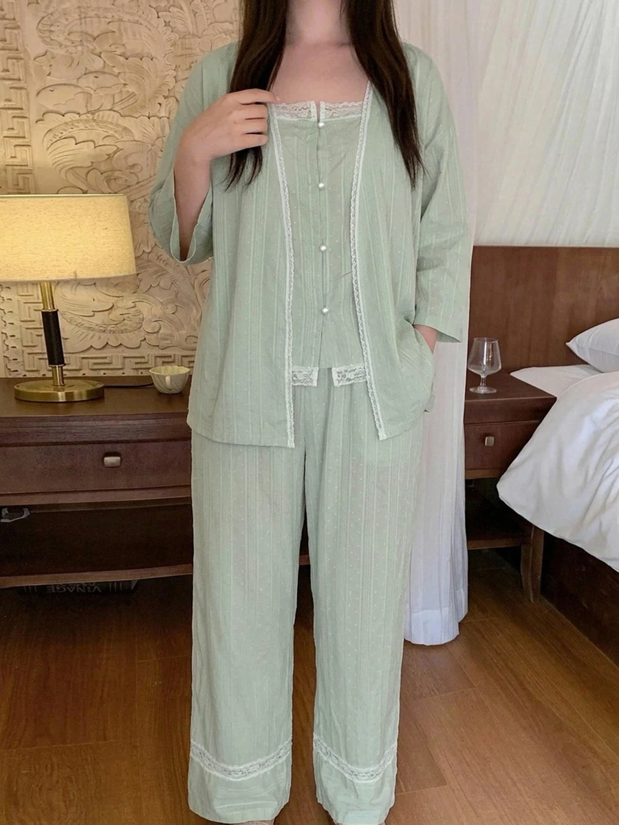 Dazy Plus 度假風 3 件式居家服套裝,3D 波點紋理布料,大尺碼女款春夏白色睡衣套裝 - 薄荷綠 - 查看 1