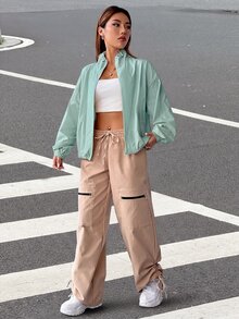 SHEIN EZwear Veste à fermeture éclair avec épaules tombantes pour l'automne/l'hiver - Vert - Voir 7
