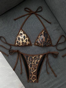 Bonvoyette Women's Sexy Sequin Fabric Halter Bikini Set Suitable For Beach Vacation Party - Brown - View 1