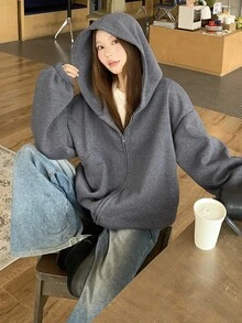 DAZY Women's Solid Color Hooded Zip-Up Casual Everyday Sweatshirt Fall Oversized T Shirts For Women - Grey - View 6