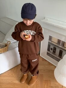 Dazy Kids Young Boy Coffee-Colored Knit Letter Print Sweatshirt And Sweatpants Set Hoodies - Coffee Brown - View 7