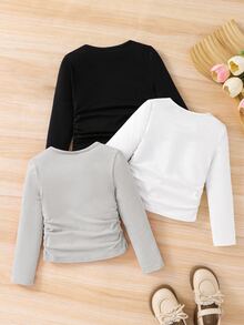SHEIN Tween Girls' Casual Basics Solid Color Knitted Elastic Long Sleeve Undershirt Tops Mult - Multicolor - View 2