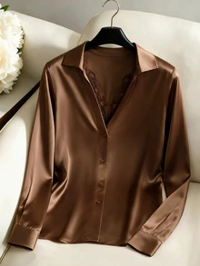 SHEIN EZwear Fashion Casual Hot Girl Style Vintage Shades Of Brown Elegant V-Neck Lace Trim Loose Long Sleeve Early Autumn Gentle Women's Blouse Dinner Office - Brown - View 1