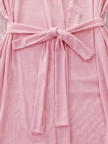 DelicateAllure Women's Sweet Lace Patchwork Cami Dress With Long Sleeve Cardigan Pajama Set - Pink - View 4