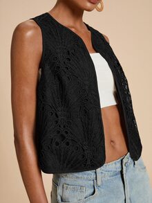 Travachic Vacation Casual Solid Color Water-Soluble Lace Vest - Black - View 6