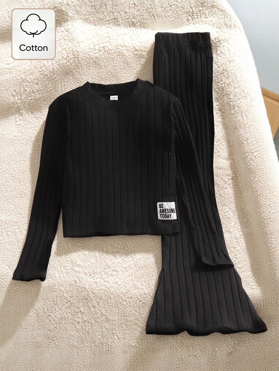 SHEIN 女童休閒時尚羅紋修身小高領長袖T恤搭配喇叭褲 2件套 日常穿著 秋冬款 - 黑色 - 查看 1
