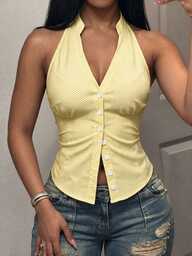 BamGleam Blue And White Striped Halter Neck Shirt, Stand Collar Sleeveless Single-Breasted Waist-Cinching Slim-Fit Cropped Top