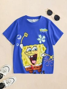 SpongeBob SquarePants | SHEIN 1pc Fun Casual Style Cartoon Print Tween Boy T-Shirt - Blue - View 1