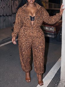 Slaydiva Jumpsuit Wanita Ukuran Besar Model Baru Musim Gugur/Dingin Lengan Panjang Longgar dengan Bagian Depan Setengah Terbuka, Pinggang Elastis, dan Potongan Kaki Meruncing, Motif Leopard - A - Coklat - View 10
