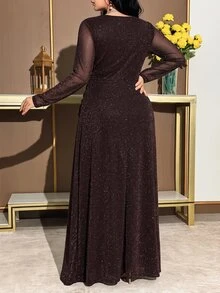 Modelyn Plus Size Women's V-Neck Shiny Casual Party Dress - Coffee Brown - View 2