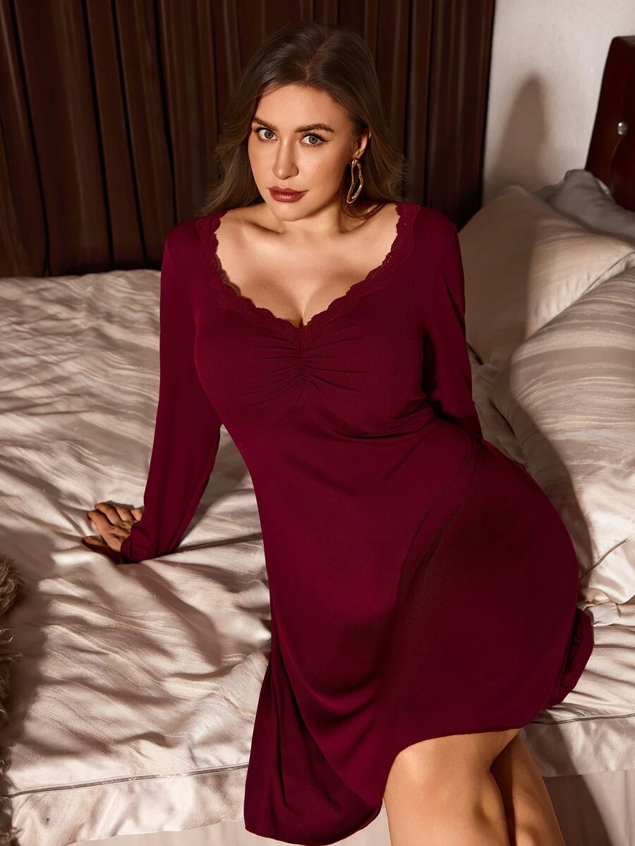 Slumberist Burgundy Women's Plus Size Autumn/Winter Solid Color Lace ...