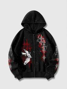 ROMWE MEN Men's Angel Print Long Sleeve Zip-Up Hoodie With Drawstring - Black - View 3