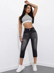 SHEIN Essnce 7英吋女款牛仔緊身牛仔褲 - 黑色 - 查看 5