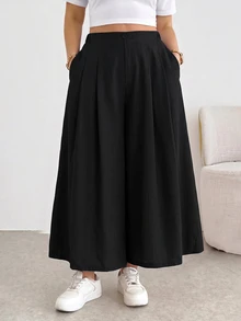 Shapeblank Celana Panjang Ukuran Besar Kasual Serbaguna Warna Polos dengan Potongan Lebar - Hitam - View 3