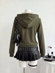Flirla 女款修身美式復古針織彈性連帽保暖內裡長袖口袋運動衫 - 軍綠色 - 查看 2