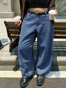 Rivivi Festival Plus Size Women's Blue Non-Stretch Striped Straight Leg Denim Pants - Dark Wash - View 6