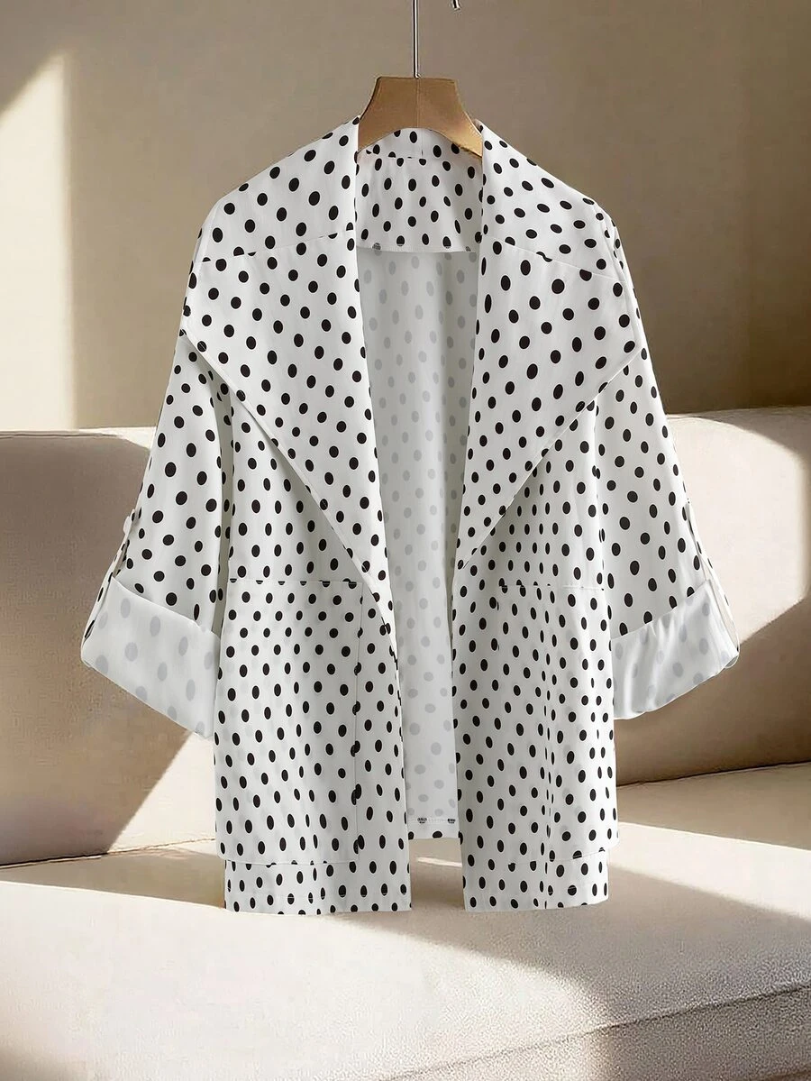 SHEIN Clasi Plus Size Autumn/Winter Lapel Polka Dot Print Pocket Jacket - Black and White - View 1