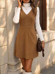 SHEIN Holidaya Autumn Suede Brown Vest Dress - Brown - View 4